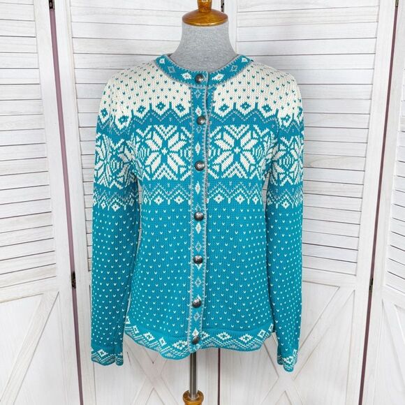 L.L. Bean Nordic Fair Isle Snowflake Cardigan Ski Sweater Teal Ivory Medium - Picture 1 of 12